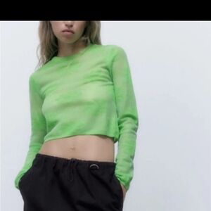 Zara Women's SzM Sheer Crop Lace Long Sleeved Neon Green  Edgy Rock Star